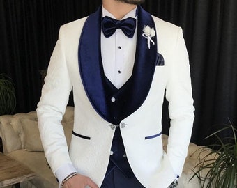 Men White 3 piece suit Blue Velvet Vest slim Fit Elegant Formal Suits, Wedding Groom Suits, Bespoke Men Engagement Party wear suits casual