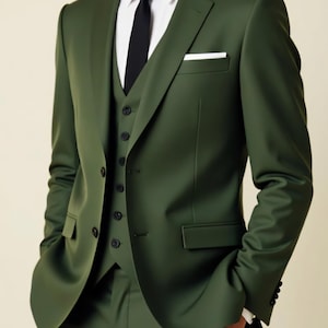 Olive Green 3-Piece Suit: Handmade Wedding Suit for Men