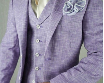 Men Linen Wedding suits Light purple Linen 3 Piece Suit Slim Fit suits Wedding Groomsmen Suits Light purple Slim Fit grooms suit linen suits