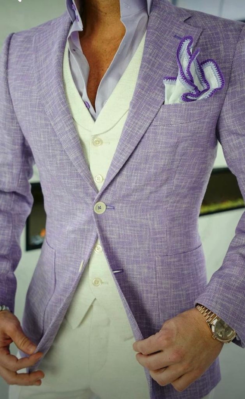 Mens Wedding Linen Light Purple & White 3 Piece Suit Men Wedding Grooms ...