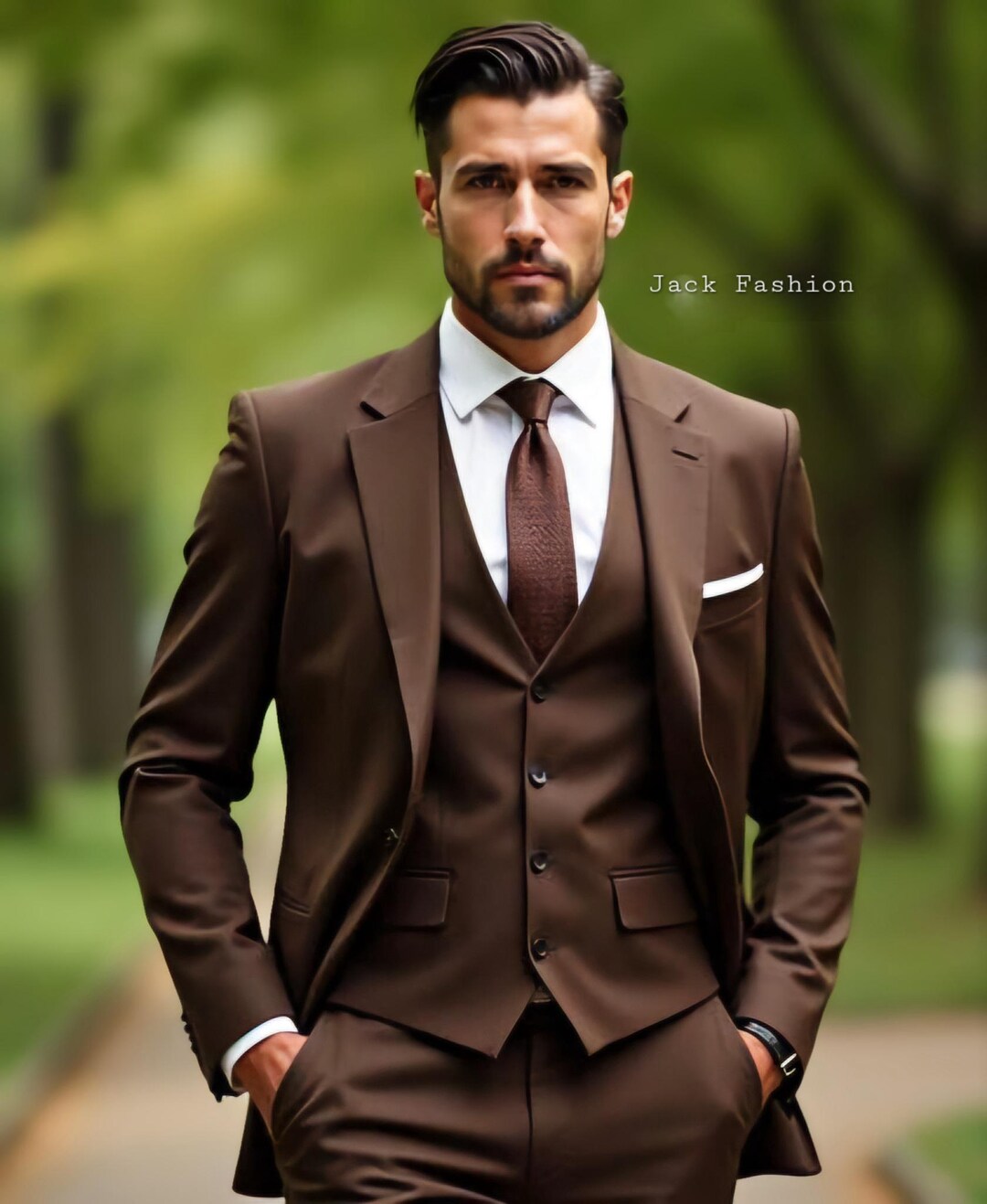 2 Button 3 Piece Brown Pinstripe Fitted affordable suit online sale - Three Piece Suit