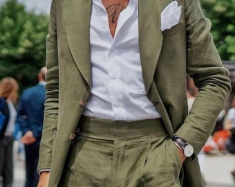 Abito in lino da uomo Abito da uomo in lino 2 pezzi Abito da uomo in lino da matrimonio Abito in lino verde in 2 pezzi Abito da sposo in lino Abiti da fidanzamento Uomo casual fit