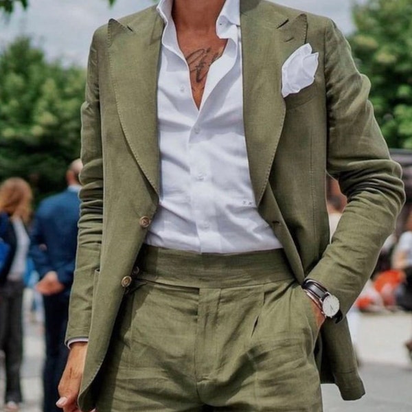 Men’s Linen Suit Men linen 2 Piece Suits Men Wedding Linen Suit Green Linen 2 Piece Suits Grooms Linen Suit Engagement Suits Men casual fit