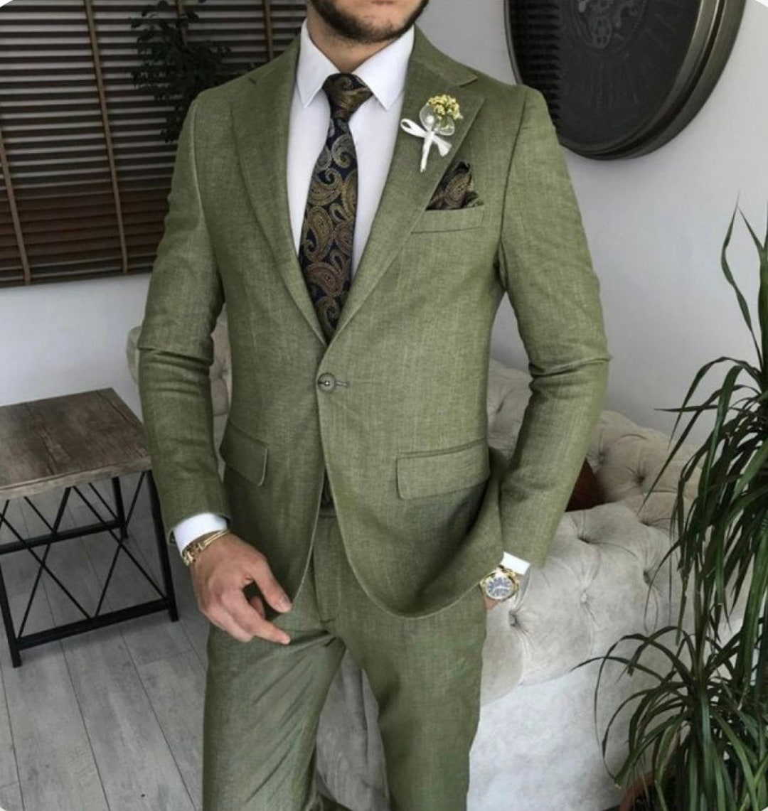 MEN LINEN SUIT Men Olive Green Linen Wedding Suit Men Grooms Suit Men Luxury Suit Event Party