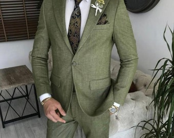 MEN LINEN SUIT - Men Olive Green Linen Wedding Suit  Men Grooms Suit  Men  Luxury Suit Event party Wear Suit  Slim Fit Suit New arrive Suit