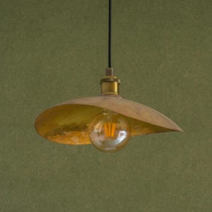 May include: A gold-colored, pendant light fixture with a textured, curved shade. The light has a visible, round, Edison-style bulb. The fixture hangs from a black cord against a green background.