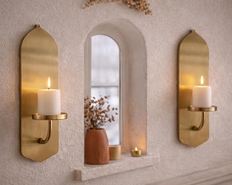 Handmade Patina Brass Wall Candle Sconces – Moroccan Taper Holders (Set of 2)
