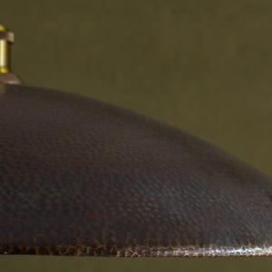 May include: Close-up of a copper pendant light fixture. The shade has a hammered texture and a dark brown finish. The fixture has a brass-colored top and a green background.