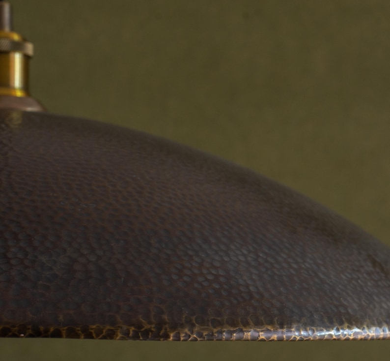 May include: Close-up of a copper pendant light fixture. The shade has a hammered texture and a dark brown finish. The fixture has a brass-colored top and a green background.