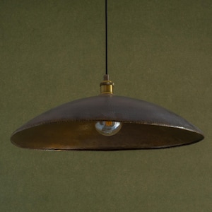 May include: A pendant light with a dark, hammered metal shade and a gold interior. The light fitting has a brass-coloured top and a visible lightbulb. The background is a muted green.