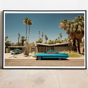 Murale Cadillac della metà del secolo a Palm Springs, USA, vintage anni '60, soggiorno