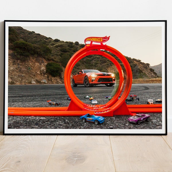 Mural HotWheels Toy Cars and Chevrolet Camaro, Photograph, Orange, Los Angeles, California, Man Cave, Children's Room, Living Room