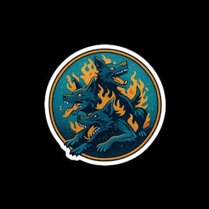 May include: A circular sticker featuring a dark blue three-headed canine creature with bared teeth, surrounded by bright orange flames against a teal background. The design is enclosed within a thin orange border and a white outer edge.