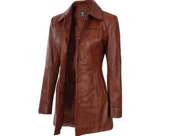 Womens Leather Blazer Coat Jacket, Long Leather Blazer Coat Women