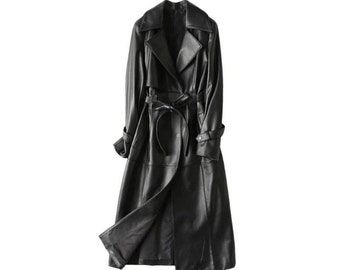 Cappotto lungo in pelle nera da donna, trench in pelle nera da donna, trench in pelle da donna, trench in pelle da donna