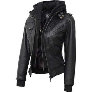 Women Leather Bomber Jacket Hooded, Lambskin Womens Leather Jacket with Hood