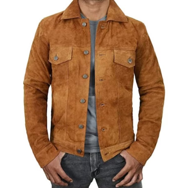 Veste camionneur 100 % daim véritable pour hommes | Vintage Classic Biker Chemises de moto Blousons - Marron fauve