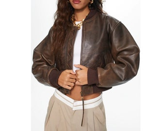 Women Cropped Leather Jacket, Cropped Leather Jacket, Vintage Leather Bomber Jacket, Brown Leather Bomber Jacket
