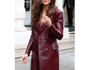 Handmade Women's Burgundy Leather Trench Coat, Women's Burgundy Leather Long Coat, Ladies Long Coat, Leather Trench Coat