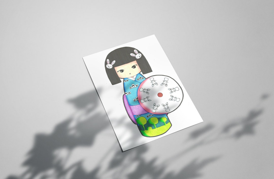 Kokeshi Doll Digital Download Bunny Umbrella Handpainted, Printable