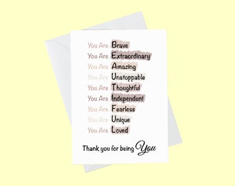 Gedruckte neutrale positive Affirmations-Dankeschön-Karte, Grußkarte „Thank You for Being You“, Dankeskarte für die beste Freundin