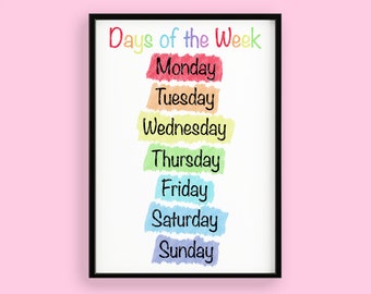 Printed Rainbow Days of the Week Poster, Educational Wall Art Print, Colourful Wall Decor for Homeschooling, Classroom or Playroom