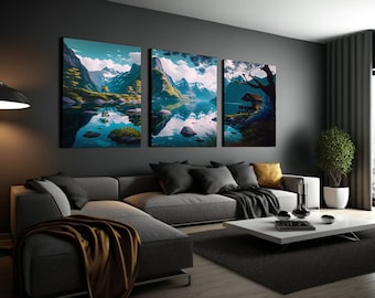 Fiordos Paisaje Digital Descargar Fiordos Decoración Pared Arte Paisaje Imprimir Imagen Paisaje Imprimible Cartel Tryptic pared arte sala de estar