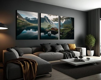 Fjords Landschaft Digitaler Download Fjords  Dekor Wand Kunst Landschaft Print Bild Landschaft druckbar Poster Tryptic wall art Wohnzimmer