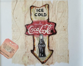 Miniatuurkunst, theezakjeskunst, Coca-Cola, gerecyclede kunst, upcycling, origineel, speciaal cadeau, hoogwaardige wanddecoratie, klein schilderij