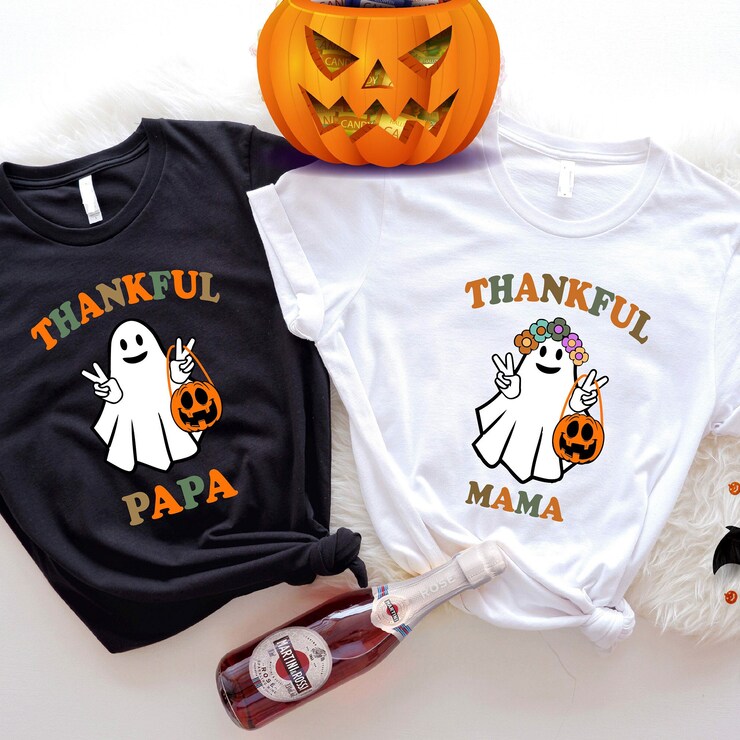 Thankful Papa Mama Shirts, Matching Ghosts Parents Sweatshirts, Creepy Halloween Party Tee, Spooky Thanksgiving T-Shirt, Creepy Fall Shirt
