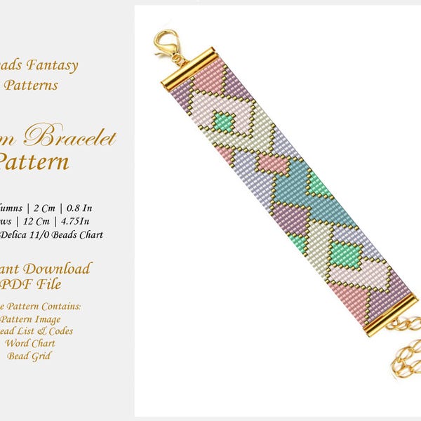 Patrón de pulsera de telar colorido, patrón de punto de ladrillo con cuentas de semillas de telar colorido de Miyuki, patrón de cuentas de telar geométrico colorido abstracto