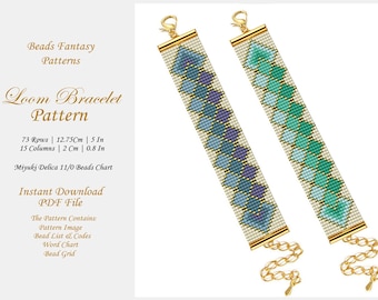 Loom Bracelet Pattern, Golden Green Blue Purple Tones Bead Loom beads patterns, Miyuki Bead Patterns, Geometric Bead Loom Pattern