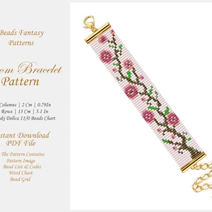 Może przedstawiać: Wzór na bransoletkę tkany na krosnach z motywem kwiatowym w kolorze różowym i zielonym. Wzór zawiera listę koralików, wykres słowny i siatkę koralików. Bransoletka ma 13 cm długości i 2 cm szerokości. Wzór jest przeznaczony do użycia z koralikami Miyuki Delica 11/0.