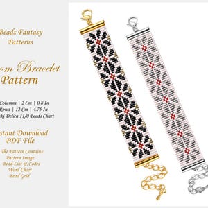 Op de afbeelding: Twee geweven armbanden met geometrische patronen. De armband aan de linkerkant is zwart-wit met rode accenten en een gouden sluiting. De armband aan de rechterkant is wit met zwarte en rode accenten en een zilveren sluiting. De armbanden zijn 12 cm (4,75 inch) lang en 2 cm (0,8 inch) breed. Het patroon bevat een kralenlijst, een woorddiagram en een kralenraster.