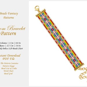 May include: A colorful loom bracelet pattern featuring a rainbow design with white and pink accents. The pattern is for a 5 inch bracelet and includes a bead list, word chart, and bead grid. The pattern is available for instant download as a PDF file.