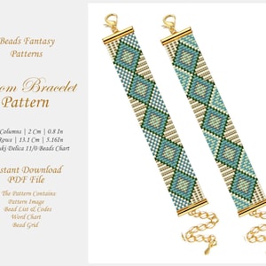 Set of 2, PDF Bead loom bracelet patterns, Abstract Miyuki Delica PDF Pattern, Beading instant download, Green, Gold colors.