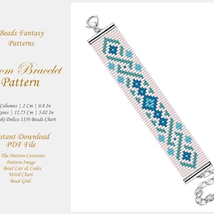 May include: A loom bracelet pattern featuring a white background with a blue and green geometric design. The pattern is 12.75 cm (5.02 inches) long and 2 cm (0.8 inches) wide. The pattern includes a bead list, word chart, and bead grid.
