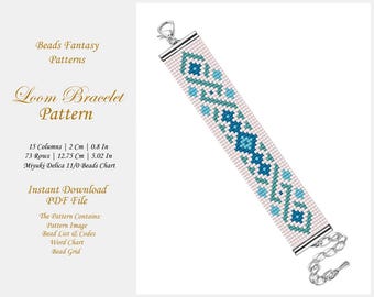 Loom Bead Bracelet Pattern, Abstract Miyuki Bracelet, Blue and White Loom Bracelet Pattern, Loom Seed Bead Stitch Pattern