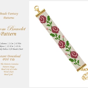 May include: A beaded loom bracelet pattern featuring a floral design with red roses and green leaves on a cream background. The bracelet is 0.79 inches wide and 4.9 inches long. Gold-colored metal findings complete the design.