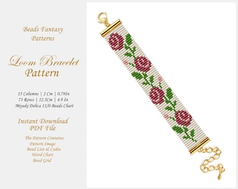 Roses loom bead bracelet pattern, Flowers Loom Bracelet Pattern, Miyuki Delica Seed Beads Bracelet Pattern, Floral Bead Loom Pattern