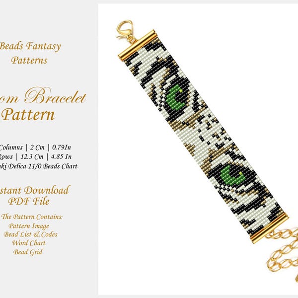 Patrón de cuentas de telar de ojos de tigre, patrón de pulsera de telar de cuentas, patrón de ojos de tigre con cuentas de Miyuki, patrón de pulsera de cuentas de semillas Delica Miyuki.