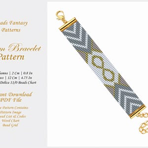 Può includere: Un braccialetto di perline grigio e bianco con dettagli dorati. Il braccialetto è lungo 12 cm (4,75 pollici) e largo 2 cm (0,8 pollici). Il modello contiene un elenco di perline, un grafico di parole e una griglia di perline.