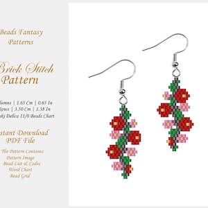 Flowers Brick Stitch Earrings pattern, PDF Brick Stitch Seed Bead Miyuki Delica Beading Floral earrings pattern.