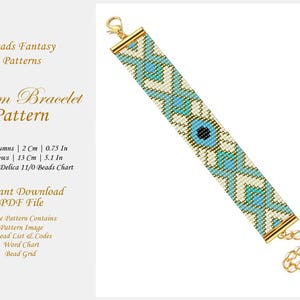 May include: A loom bracelet pattern featuring a white and blue geometric design with a gold clasp. The pattern includes a bead list, word chart, and bead grid. The bracelet measures 13 cm (5.1 inches) long and 2 cm (0.75 inches) wide.