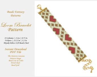 Patrón de pulsera de corazón, patrón de cuentas de telar de corazones, patrón de pulsera de telar, pulsera del día de San Valentín