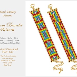 May include: A loom bracelet pattern featuring a rainbow color scheme with red, orange, yellow, green, blue, indigo, and violet beads. The pattern is for a 15 column, 73 row bracelet using Miyuki Delica 11/0 beads. The pattern includes a bead list, word chart, and bead grid.