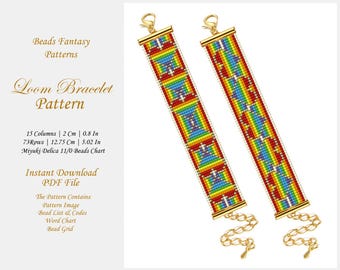 May include: A loom bracelet pattern featuring a rainbow colour scheme with red, orange, yellow, green, blue, indigo, and violet beads. The pattern is for a 15 column, 73 row bracelet using Miyuki Delica 11/0 beads. The pattern includes a bead list, word chart, and bead grid.