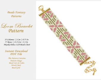 Miyuki Pattern, Loom Beaded Rose and Gold Bracelet Pattern, Miyuki Delica Beaded Bracelet, Bead Loom Pattern