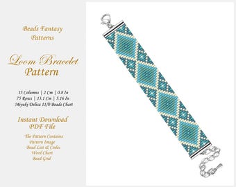 Patrón de pulsera de cuentas de telar, patrón geométrico de colores en tonos verdes con cuentas Delica de Miyuki