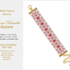 Peut inclure: Un modèle de bracelet à tisser avec un motif de perles blanches et rouges. Le motif mesure 15 colonnes sur 75 rangées, soit 2 cm sur 13,1 cm. Le motif est destiné à être utilisé avec des perles Miyuki Delica 11/0.